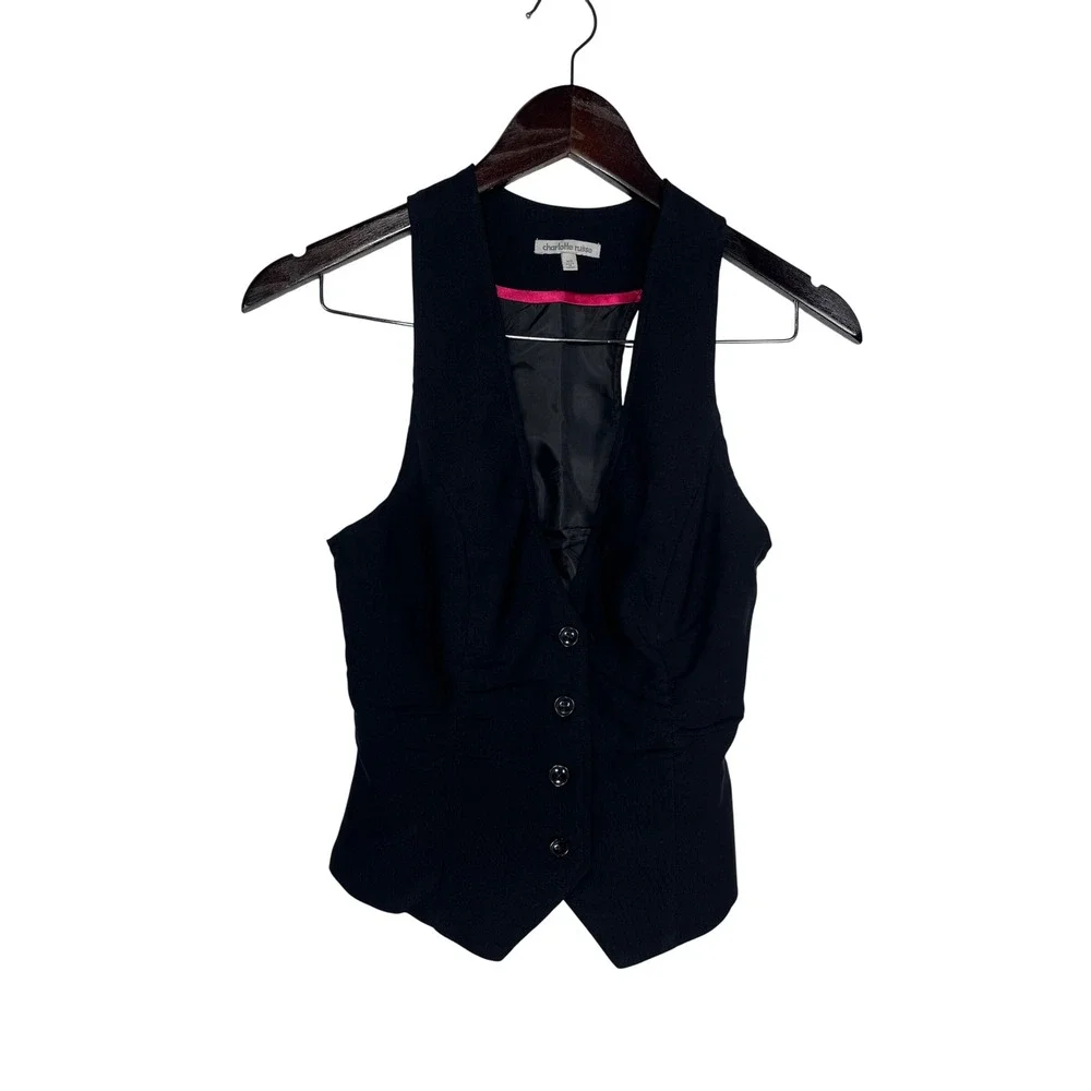 Charlotte Russe Vest Racerback Waistcoat XS Black Button Front Pointed Hem